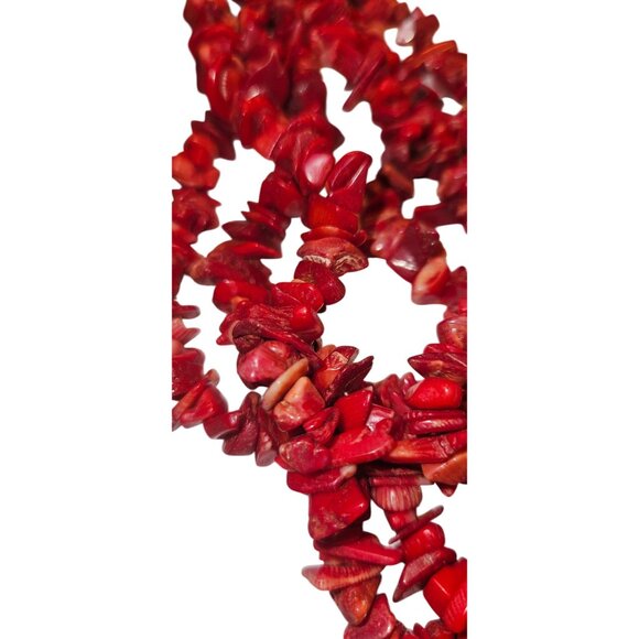 Vintage Necklace Red Coral Chip Beaded Three-Strand Statement 7.5" - Picture 3 of 7